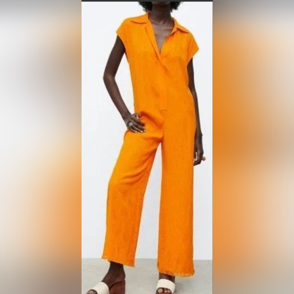 NWT Zara Orange Paisley Jumpsuit with Metal Clasps Size S - Picture 3 of 16